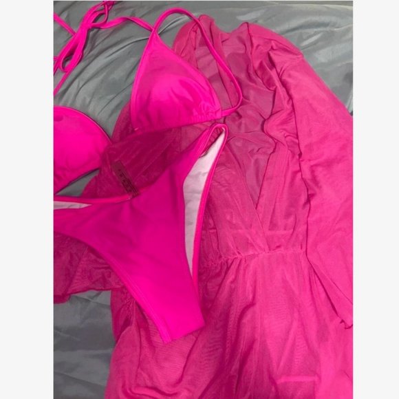 Hot Pink Preppy Womens Plain Halter Triangle Bikini Swimsuit With Cover Up - Picture 6 of 13